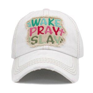 Wake Pray Slay Deliverance Statement Ballcap in Distressed White
